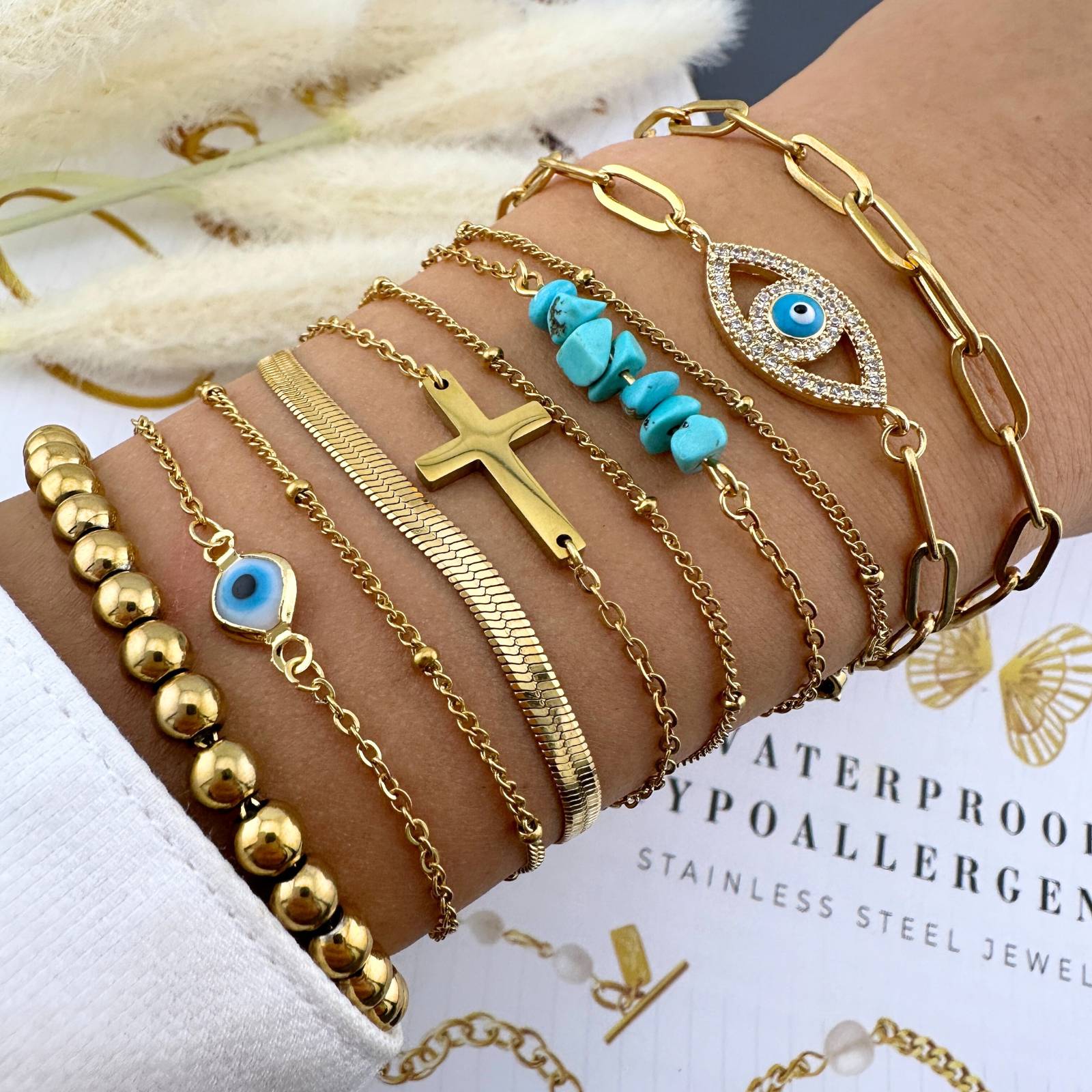 Evil Eye Bracelet, 18K Gold Plated Steel