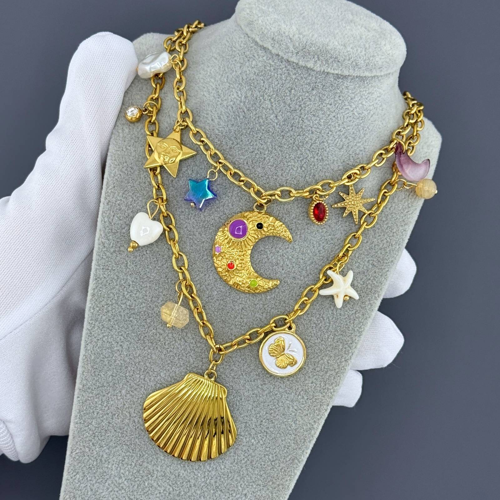 Crescent And Star Necklace, 18K Gold Plated Steel