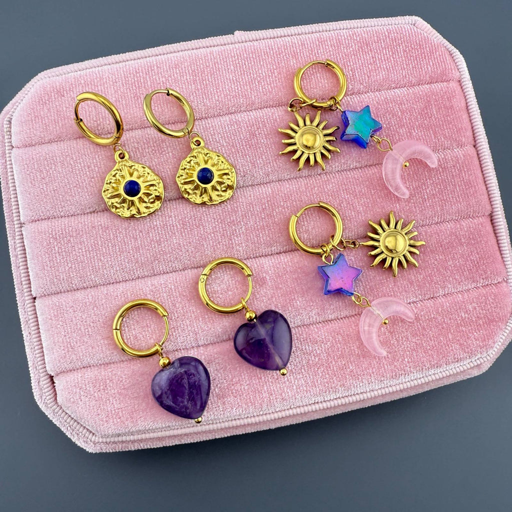 Crescent And Sun Earrings, 18K Gold Plated Steel
