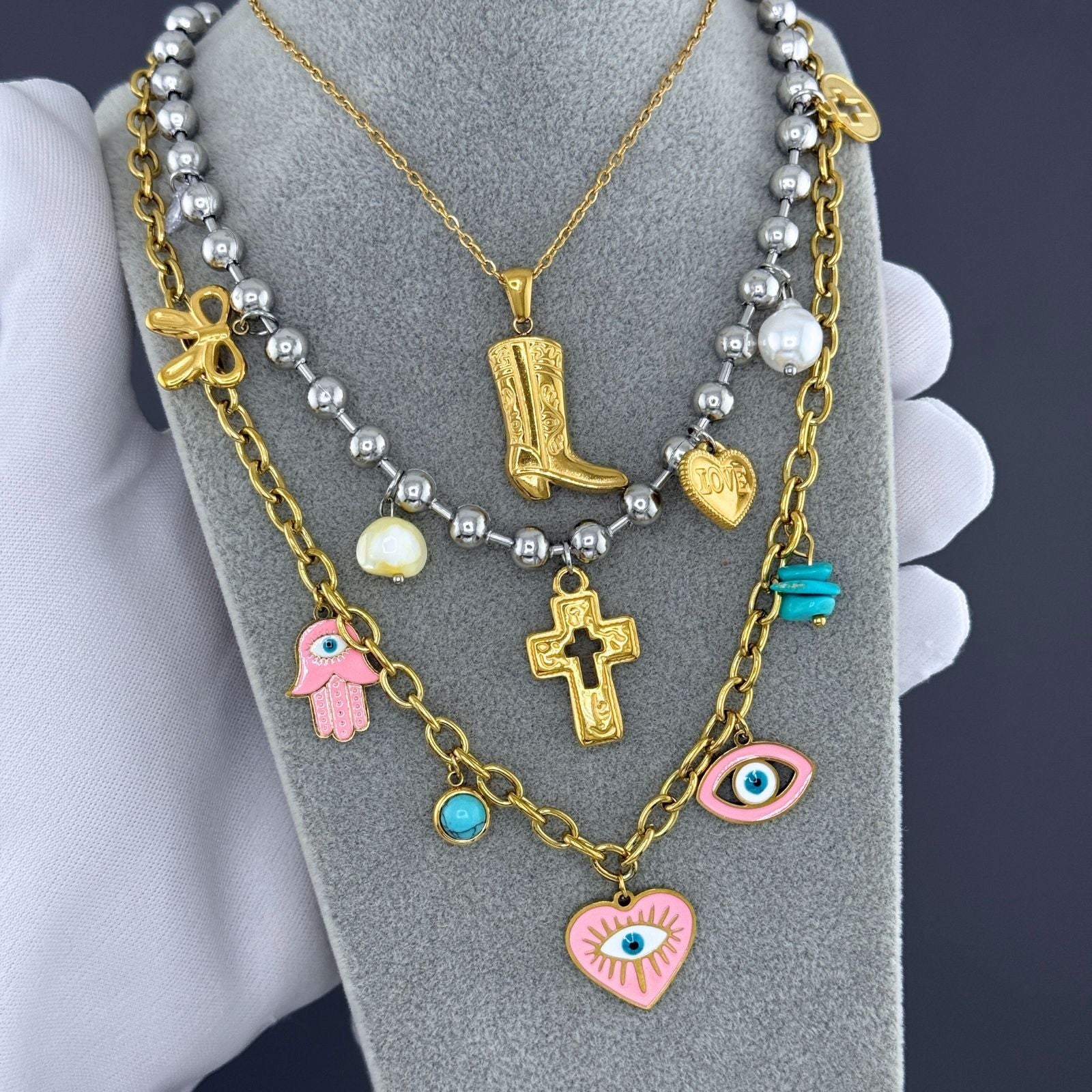 Evil Eyes Necklace, 18K Gold Plated Steel