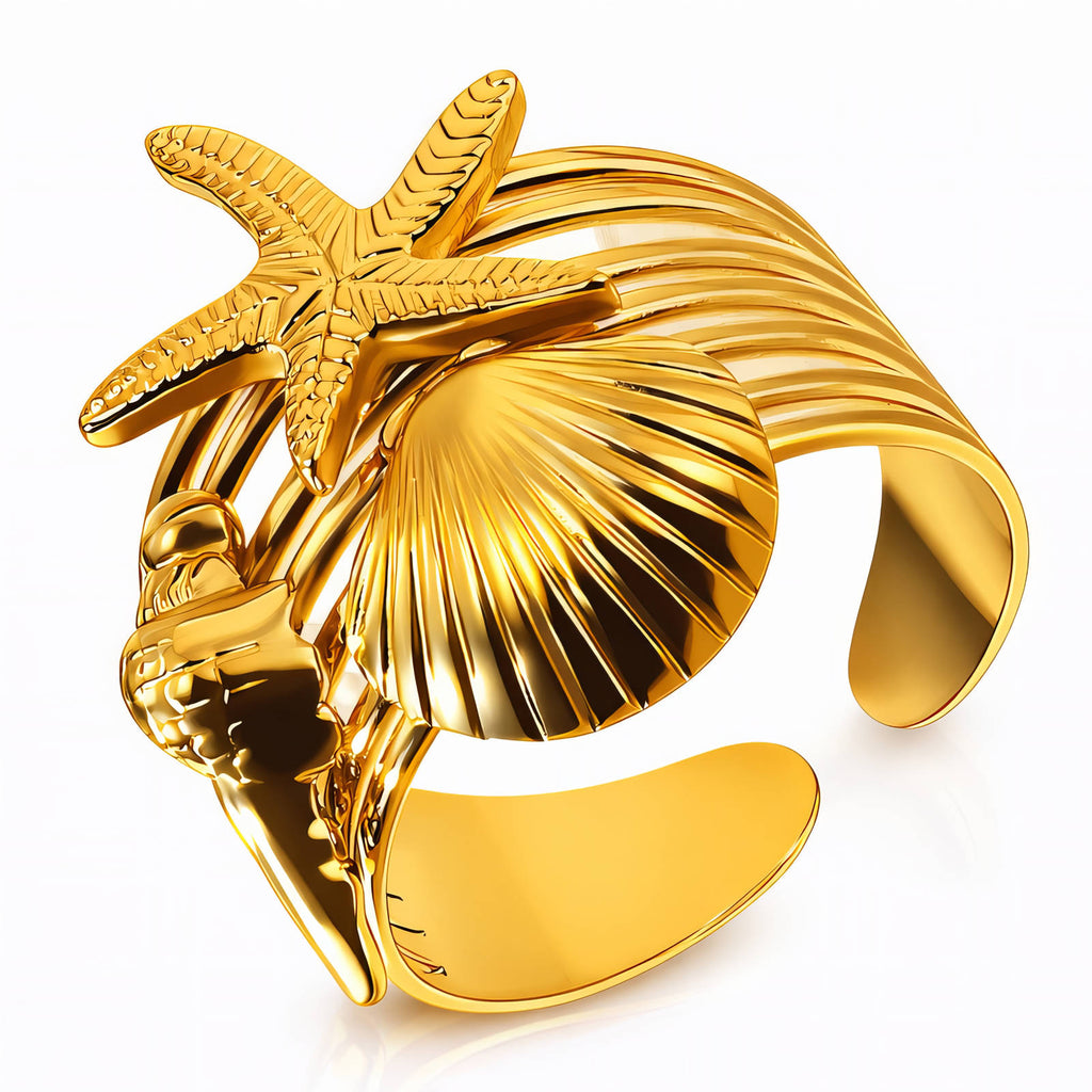 Starfish and Seashell Ring, 18K Gold Plated Steel