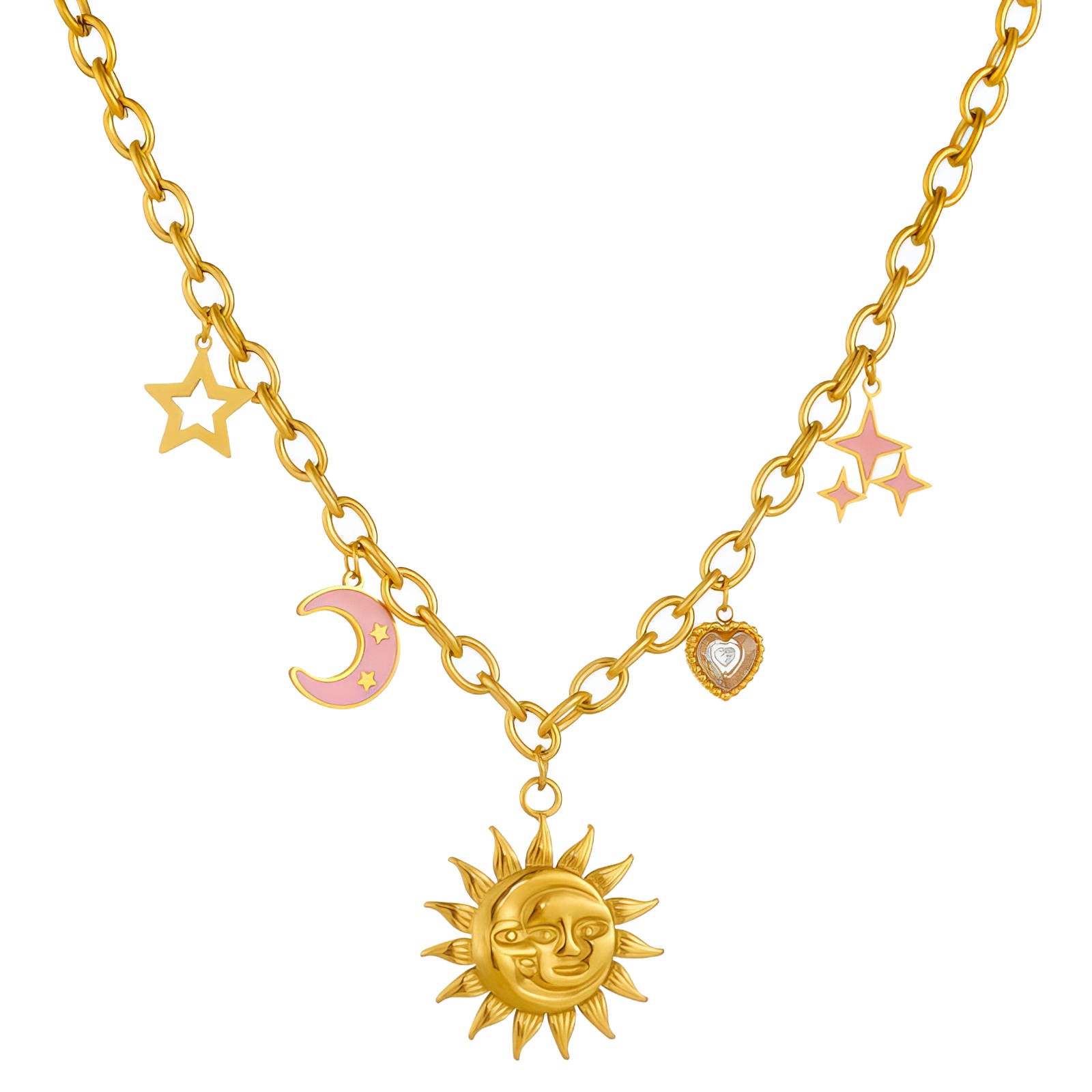 Crescent And Sun Necklace, 18K Gold Plated Steel