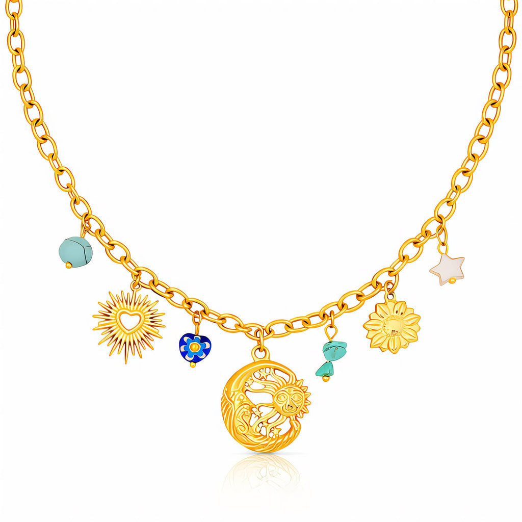 Crescent And Sun Necklace, 18K Gold Plated Steel