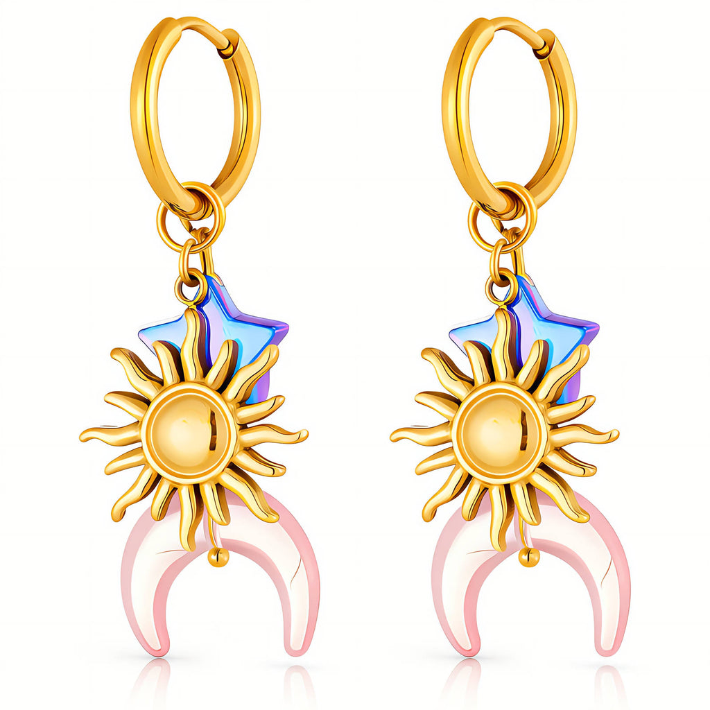 Crescent And Sun Earrings, 18K Gold Plated Steel