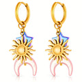 Crescent And Sun Earrings, 18K Gold Plated Steel