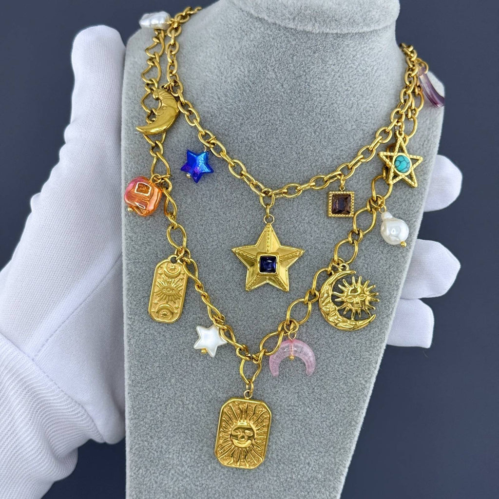 Crescent And Star Necklace, 18K Gold Plated Steel